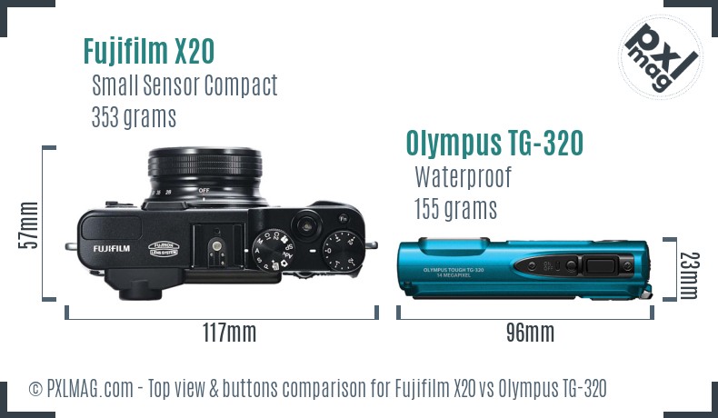 Fujifilm X20 vs Olympus TG-320 top view buttons comparison