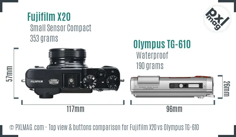Fujifilm X20 vs Olympus TG-610 top view buttons comparison