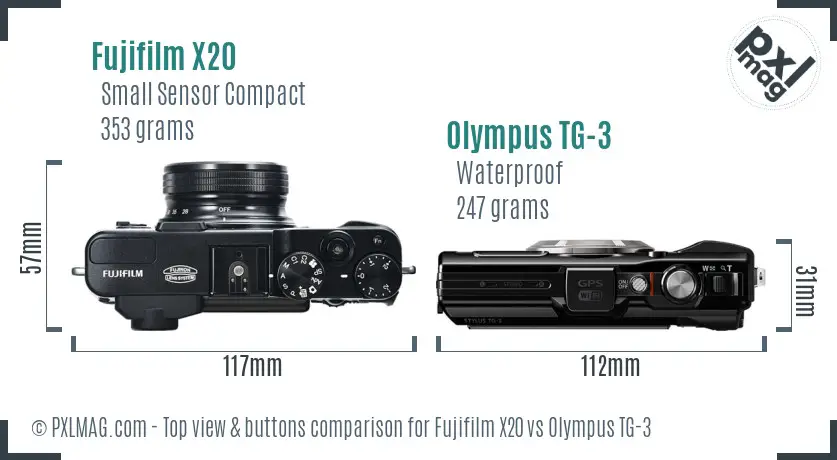 Fujifilm X20 vs Olympus TG-3 top view buttons comparison