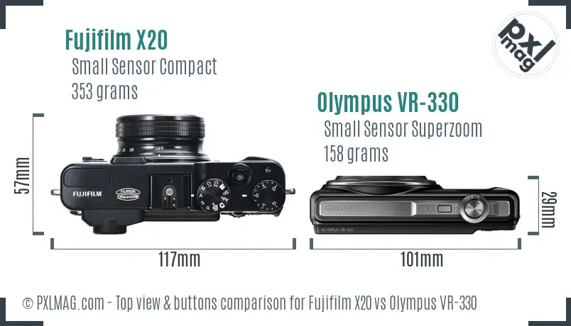 Fujifilm X20 vs Olympus VR-330 top view buttons comparison Fujifilm X20 vs Olympus VR-330 top view buttons comparison