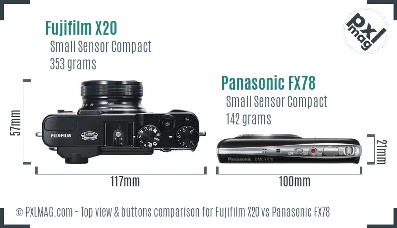 Fujifilm X20 vs Panasonic FX78 top view buttons comparison