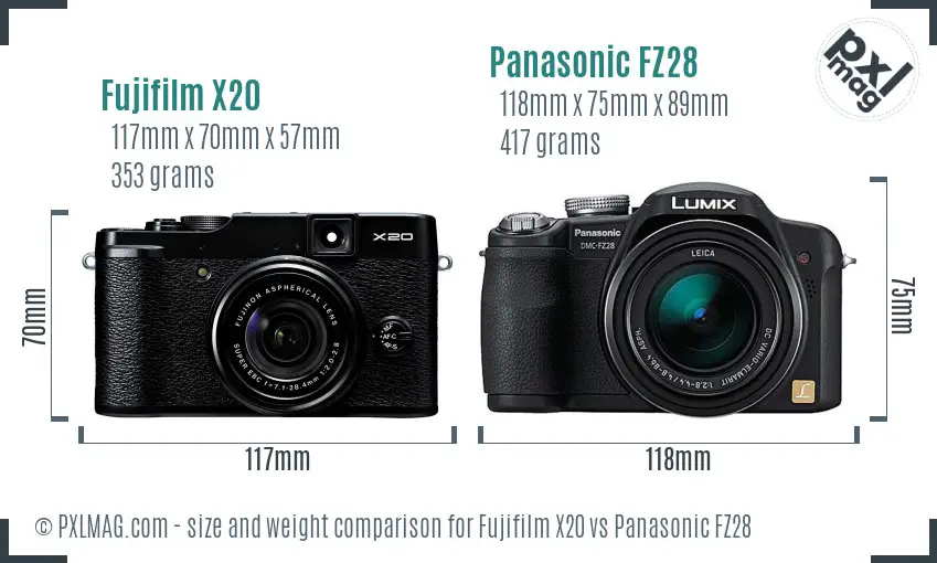 Fujifilm X20 vs Panasonic FZ28 size comparison