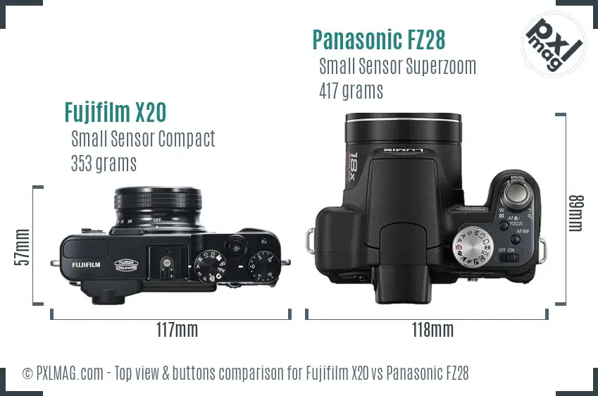 Fujifilm X20 vs Panasonic FZ28 top view buttons comparison