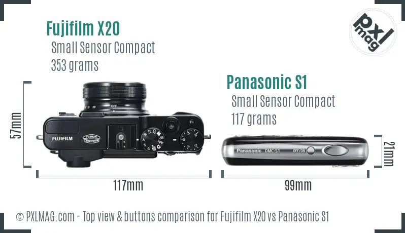 Fujifilm X20 vs Panasonic S1 top view buttons comparison