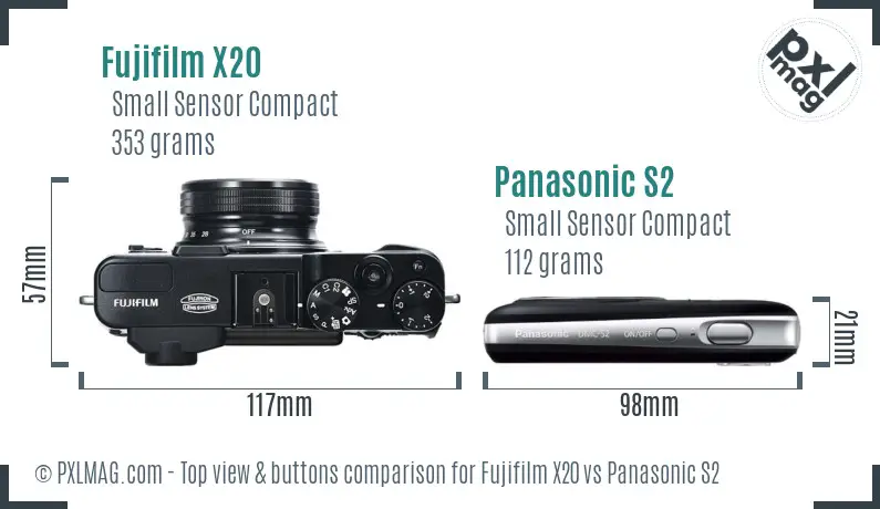 Fujifilm X20 vs Panasonic S2 top view buttons comparison