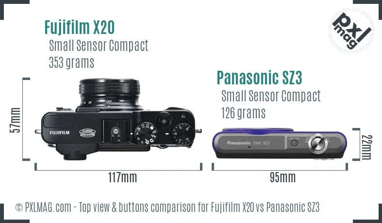 Fujifilm X20 vs Panasonic SZ3 top view buttons comparison