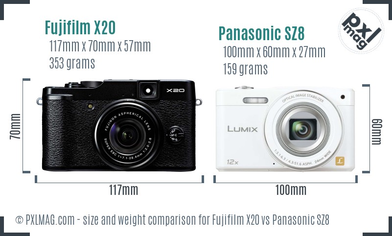 Fujifilm X20 vs Panasonic SZ8 size comparison