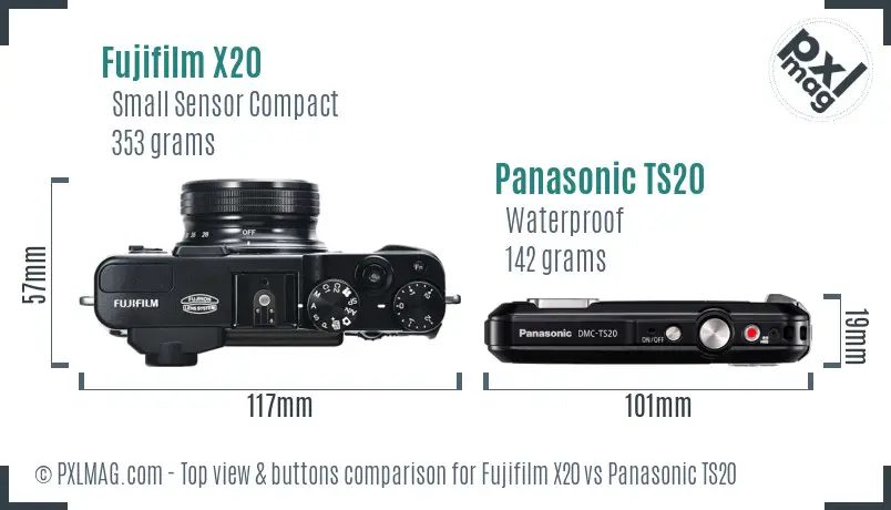 Fujifilm X20 vs Panasonic TS20 top view buttons comparison Fujifilm X20 vs Panasonic TS20 top view buttons comparison