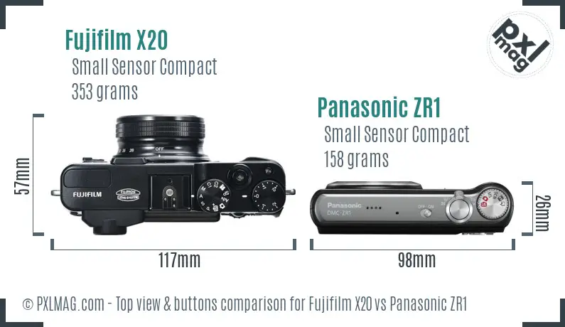 Fujifilm X20 vs Panasonic ZR1 top view buttons comparison