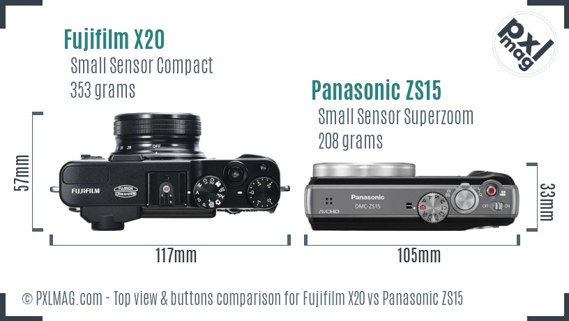 Fujifilm X20 vs Panasonic ZS15 top view buttons comparison