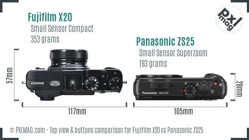 Fujifilm X20 vs Panasonic ZS25 top view buttons comparison