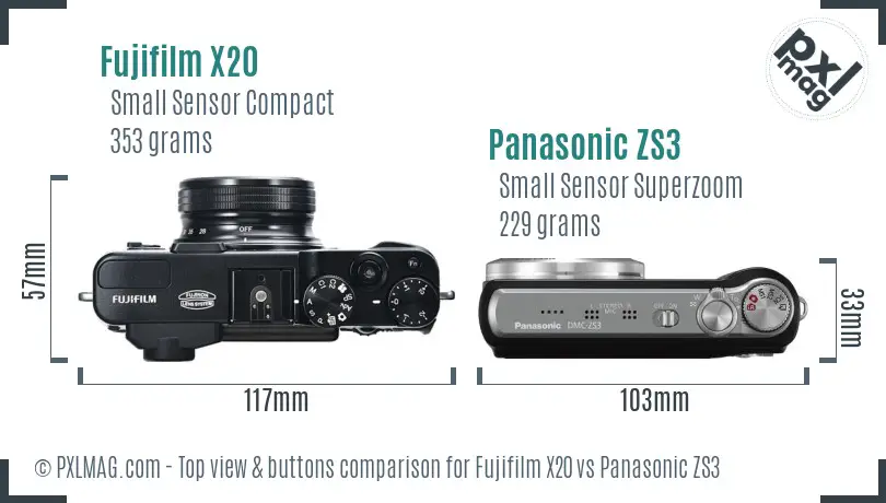 Fujifilm X20 vs Panasonic ZS3 top view buttons comparison Fujifilm X20 vs Panasonic ZS3 top view buttons comparison
