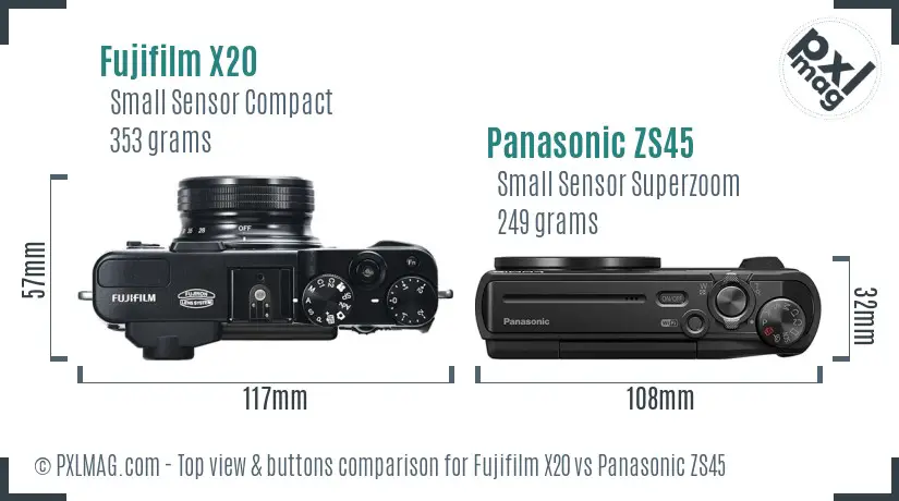 Fujifilm X20 vs Panasonic ZS45 top view buttons comparison