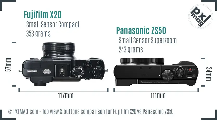 Fujifilm X20 vs Panasonic ZS50 top view buttons comparison Fujifilm X20 vs Panasonic ZS50 top view buttons comparison