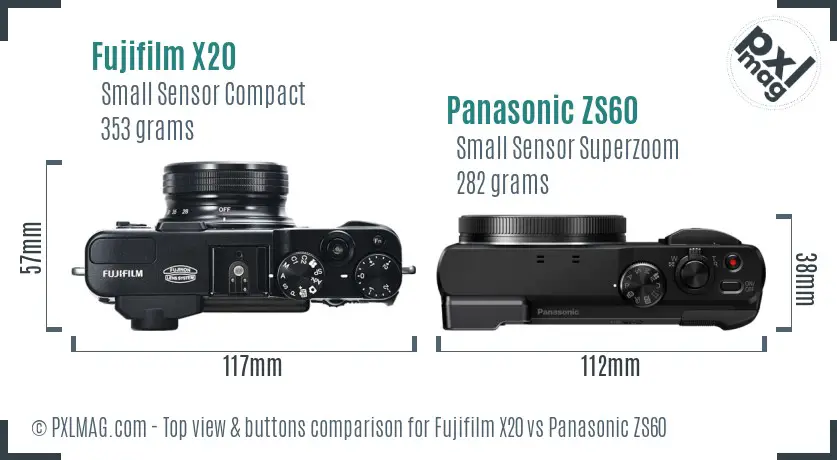 Fujifilm X20 vs Panasonic ZS60 top view buttons comparison