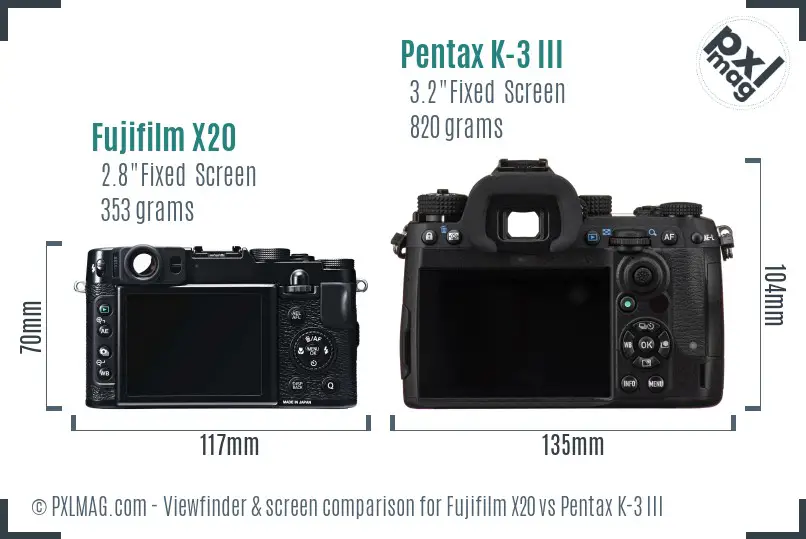 Fujifilm X20 vs Pentax K-3 III Screen and Viewfinder comparison