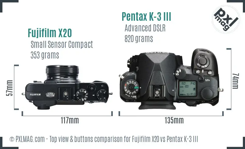 Fujifilm X20 vs Pentax K-3 III top view buttons comparison