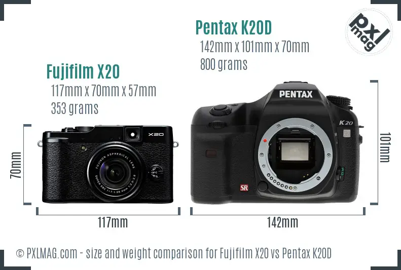Fujifilm X20 vs Pentax K20D size comparison