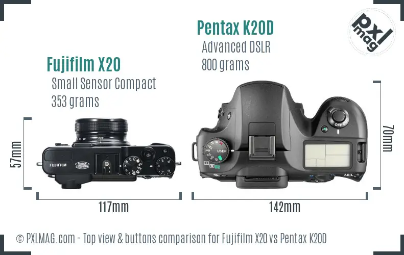 Fujifilm X20 vs Pentax K20D top view buttons comparison