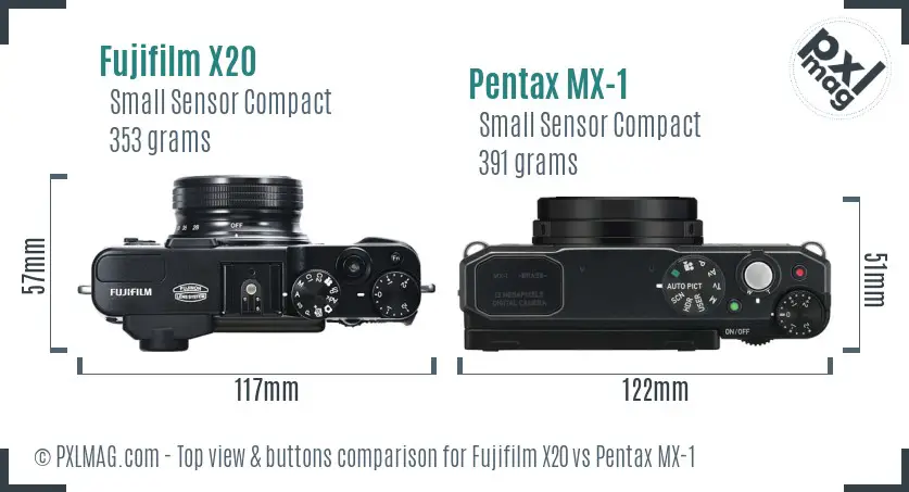 Fujifilm X20 vs Pentax MX-1 top view buttons comparison