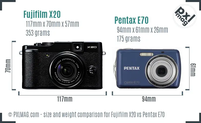 Fujifilm X20 vs Pentax E70 size comparison