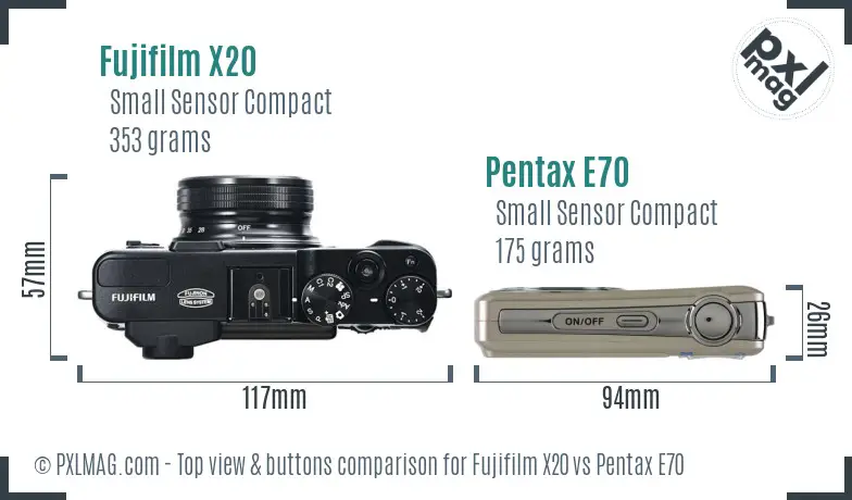 Fujifilm X20 vs Pentax E70 top view buttons comparison
