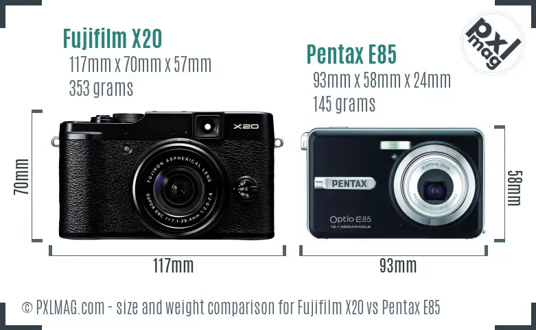 Fujifilm X20 vs Pentax E85 size comparison