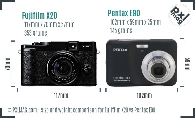 Fujifilm X20 vs Pentax E90 size comparison