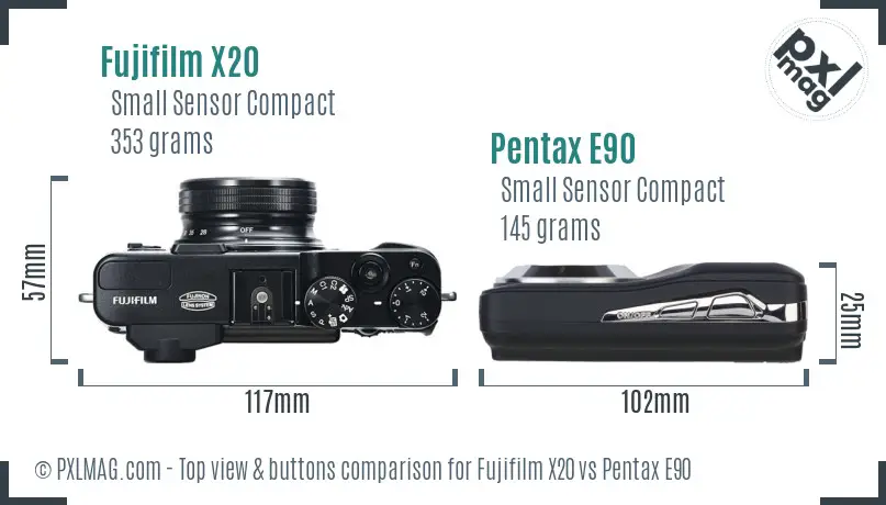 Fujifilm X20 vs Pentax E90 top view buttons comparison