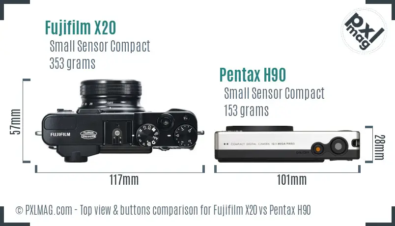 Fujifilm X20 vs Pentax H90 top view buttons comparison