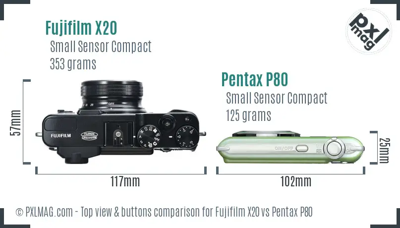 Fujifilm X20 vs Pentax P80 top view buttons comparison