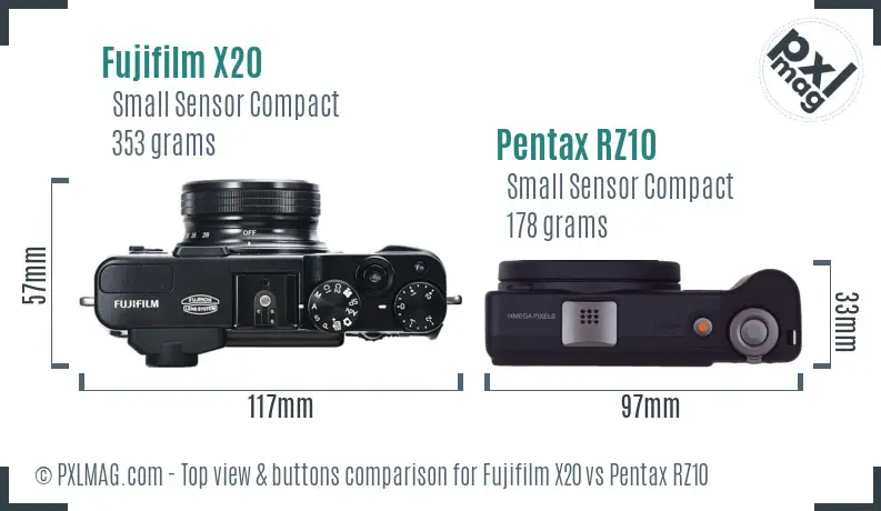 Fujifilm X20 vs Pentax RZ10 top view buttons comparison