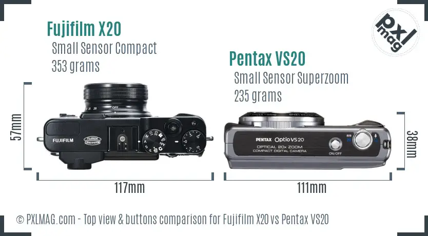 Fujifilm X20 vs Pentax VS20 top view buttons comparison Fujifilm X20 vs Pentax VS20 top view buttons comparison