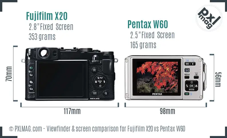 Fujifilm X20 vs Pentax W60 Screen and Viewfinder comparison