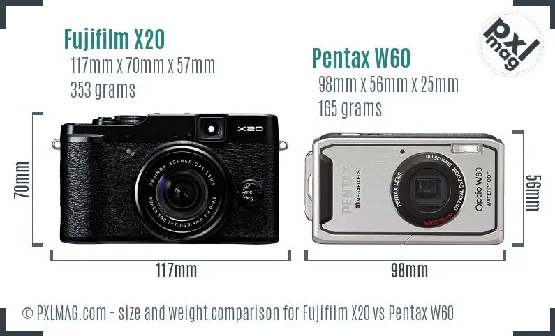 Fujifilm X20 vs Pentax W60 size comparison