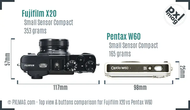 Fujifilm X20 vs Pentax W60 top view buttons comparison