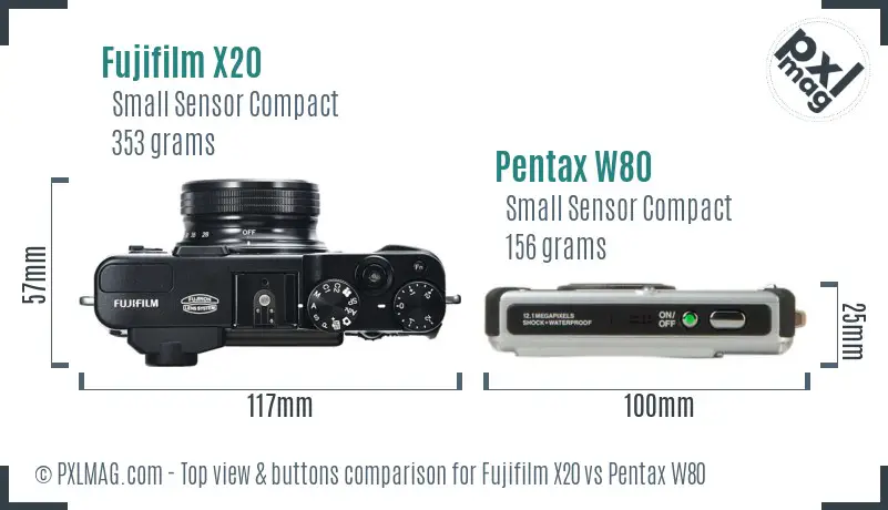 Fujifilm X20 vs Pentax W80 top view buttons comparison