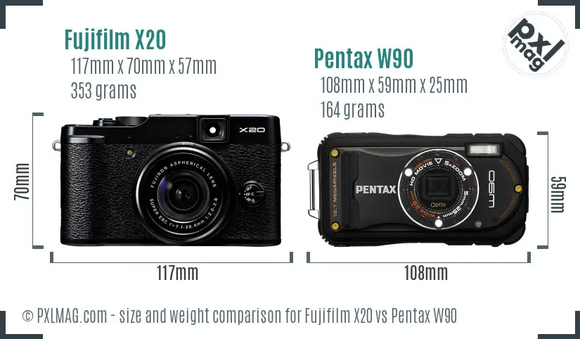 Fujifilm X20 vs Pentax W90 size comparison