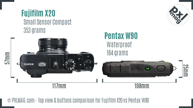 Fujifilm X20 vs Pentax W90 top view buttons comparison