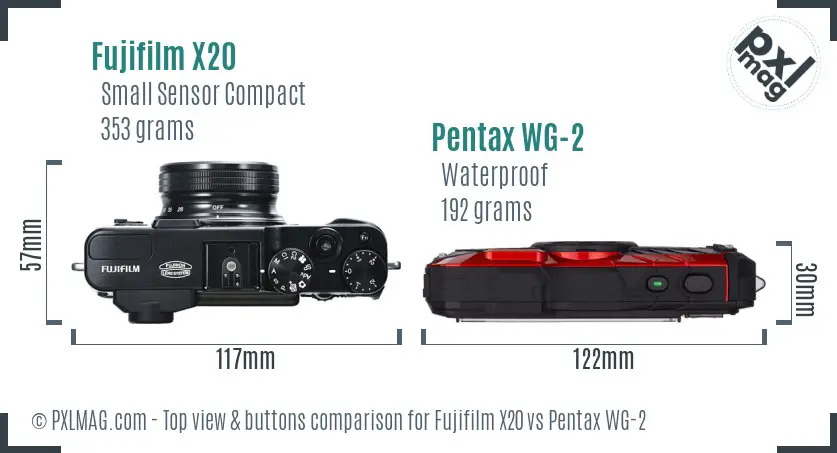 Fujifilm X20 vs Pentax WG-2 top view buttons comparison