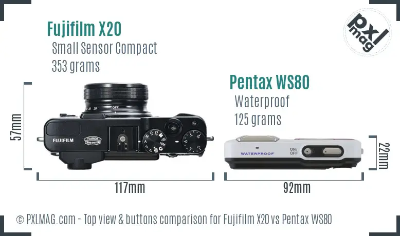 Fujifilm X20 vs Pentax WS80 top view buttons comparison