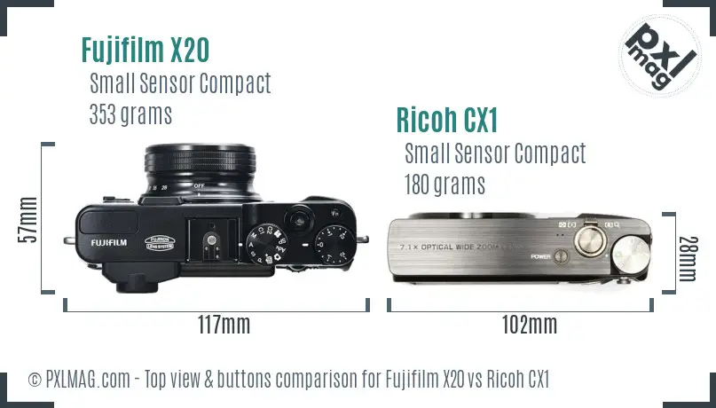 Fujifilm X20 vs Ricoh CX1 top view buttons comparison