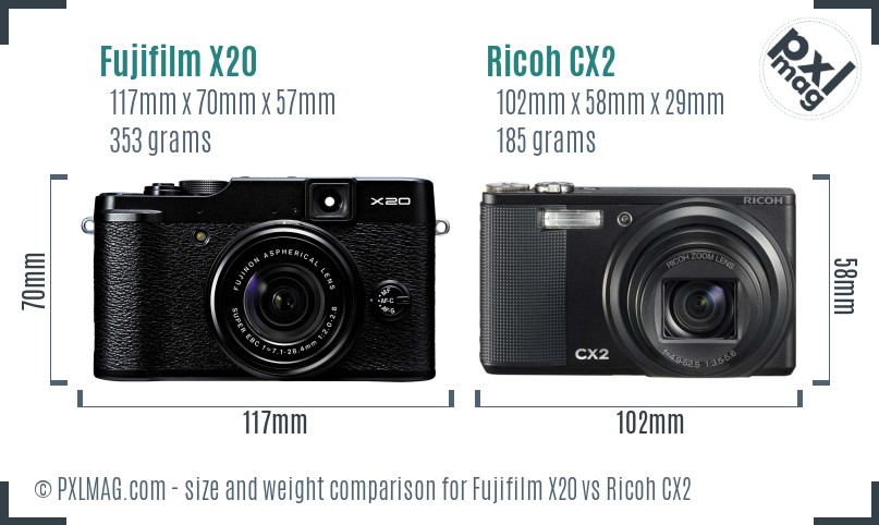 Fujifilm X20 vs Ricoh CX2 size comparison