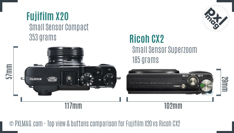 Fujifilm X20 vs Ricoh CX2 top view buttons comparison