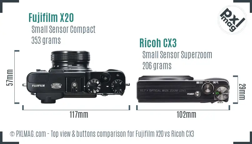 Fujifilm X20 vs Ricoh CX3 top view buttons comparison