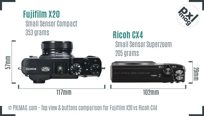 Fujifilm X20 vs Ricoh CX4 top view buttons comparison
