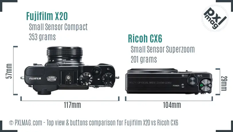 Fujifilm X20 vs Ricoh CX6 top view buttons comparison