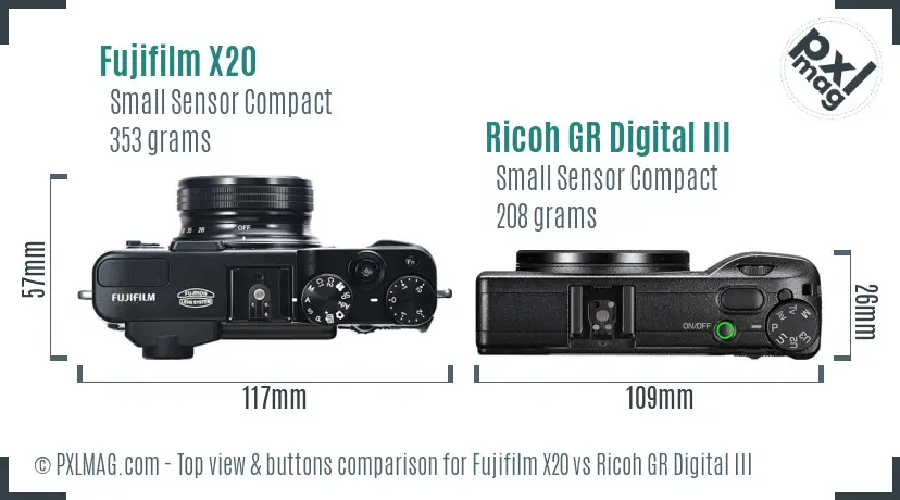 Fujifilm X20 vs Ricoh GR Digital III top view buttons comparison