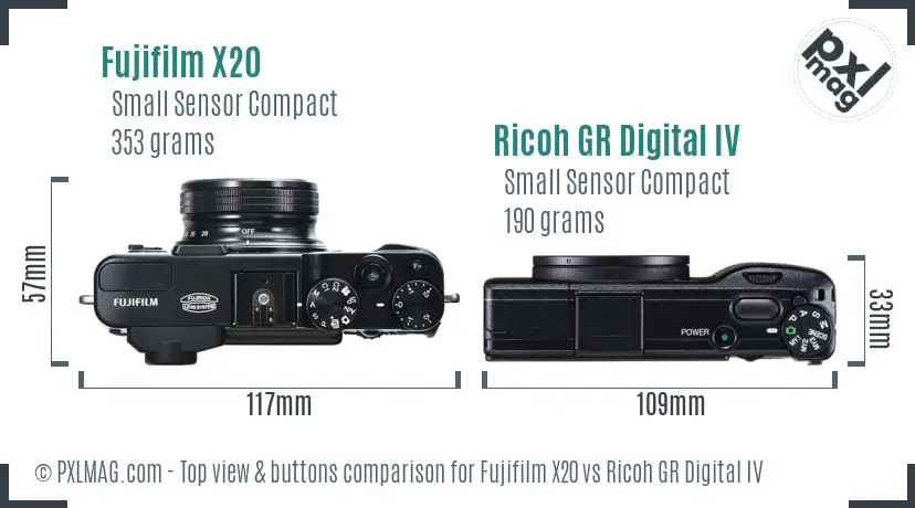 Fujifilm X20 vs Ricoh GR Digital IV top view buttons comparison
