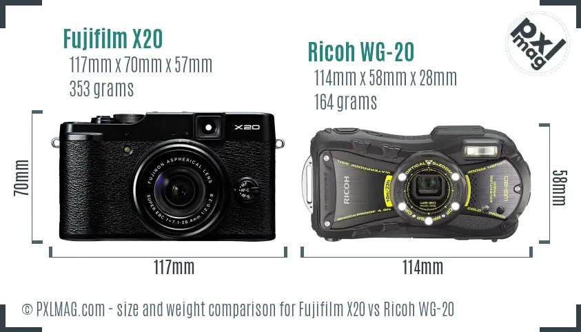 Fujifilm X20 vs Ricoh WG-20 size comparison